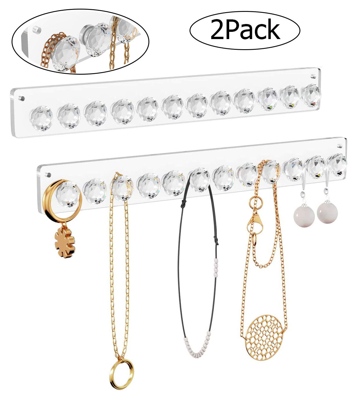 Lnkoo Necklace Hanger, 2 Pack Arylic Necklace Holdr Wall Mounted Jewelry Organizer with 12 Diamond Shape Hooks,Hanging Jewelry Necklace,Best Gift for